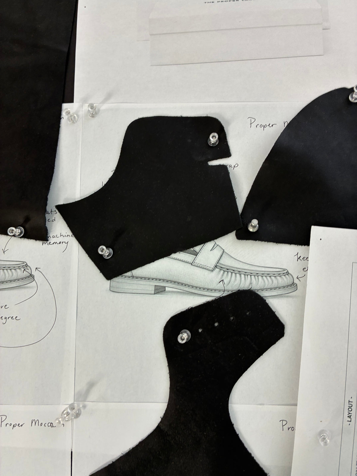 Cut leather patterns pinned over moccasin design drawings