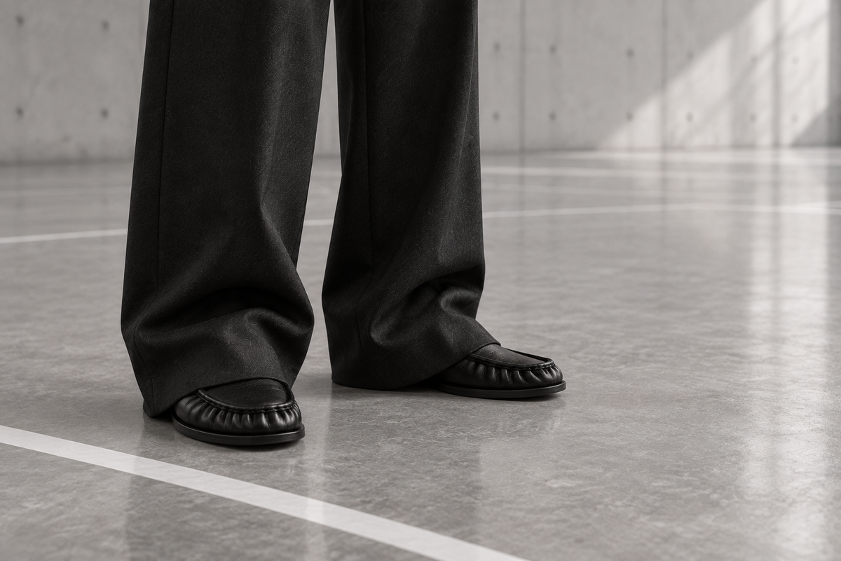 Black trousers drape over The Proper Moccasin, leaving only its soft toe visible.