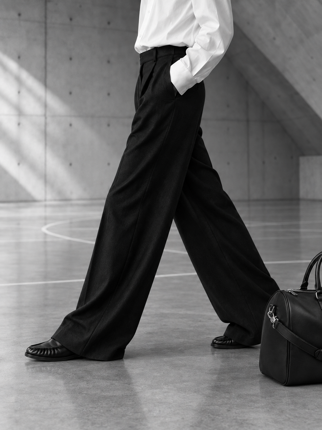 Black-and-white detail of a white shirt, wide black trousers over Proper Moccasins, and part of the Continental Holdall in a concrete sports hall.