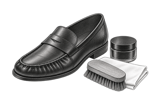 Illustration d’atelier du Mocassin noir avec une brosse douce, un chiffon plié et un pot de soin pour le cuir.