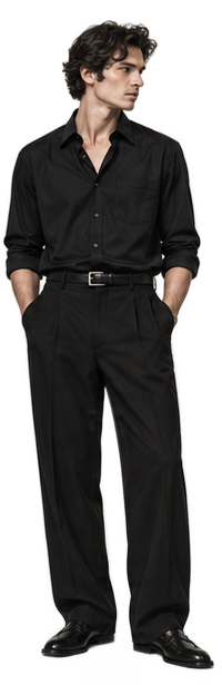 Illustration City : chemise noire, ceinture fine, pantalon de costume noir et mocassins