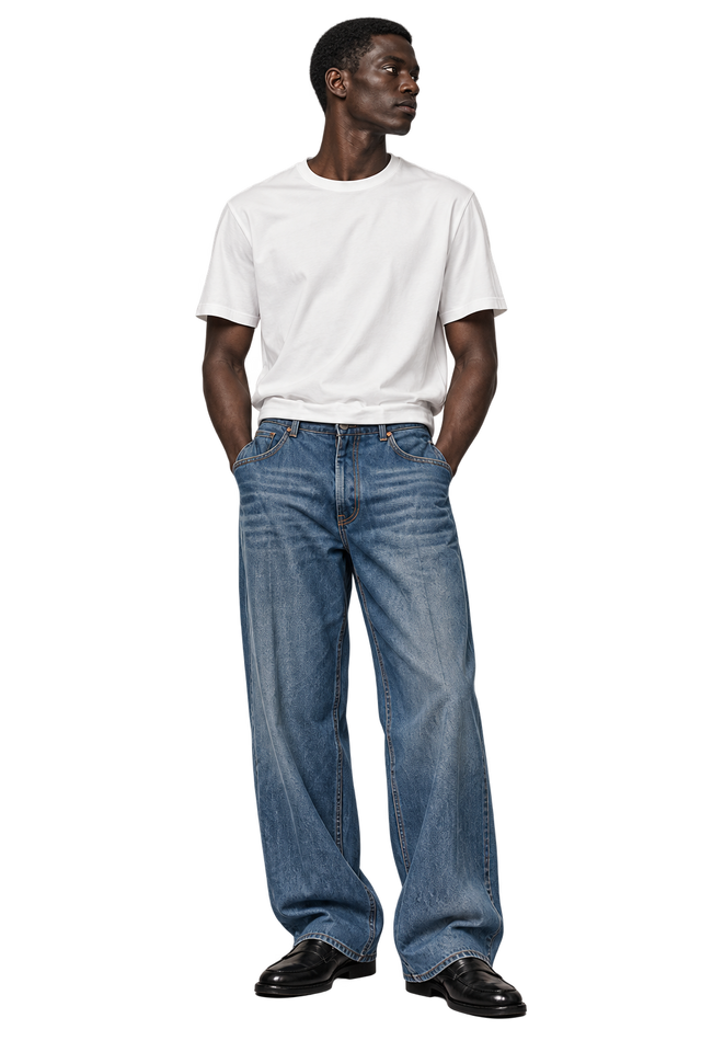 Silhouette en T-shirt blanc, jean bleu et mocassins noirs.
