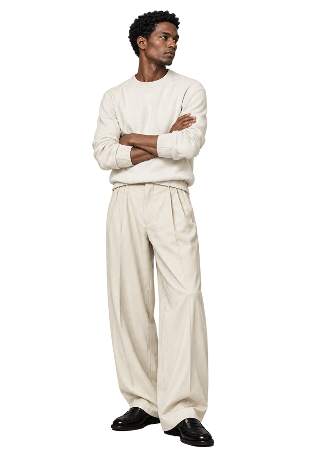 Silhouette en maille et pantalon ivoire, avec mocassins noirs.