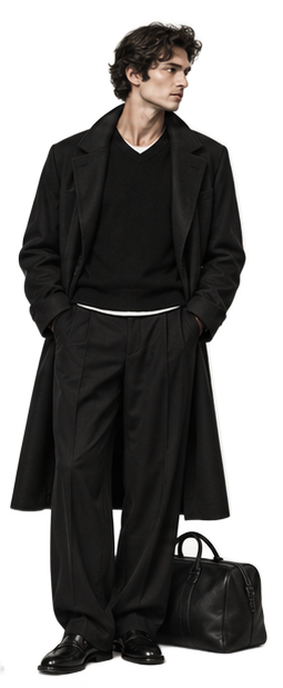 Illustration Travel : overcoat noir, maille et pantalon noirs, mocassins et sac de voyage