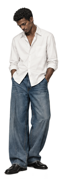 Illustration Week-end : chemise blanche, denim bleu et mocassins noirs