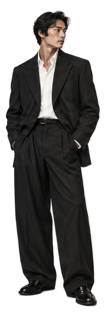 Illustration Work : blazer croisé noir, chemise blanche, pantalon noir et mocassins