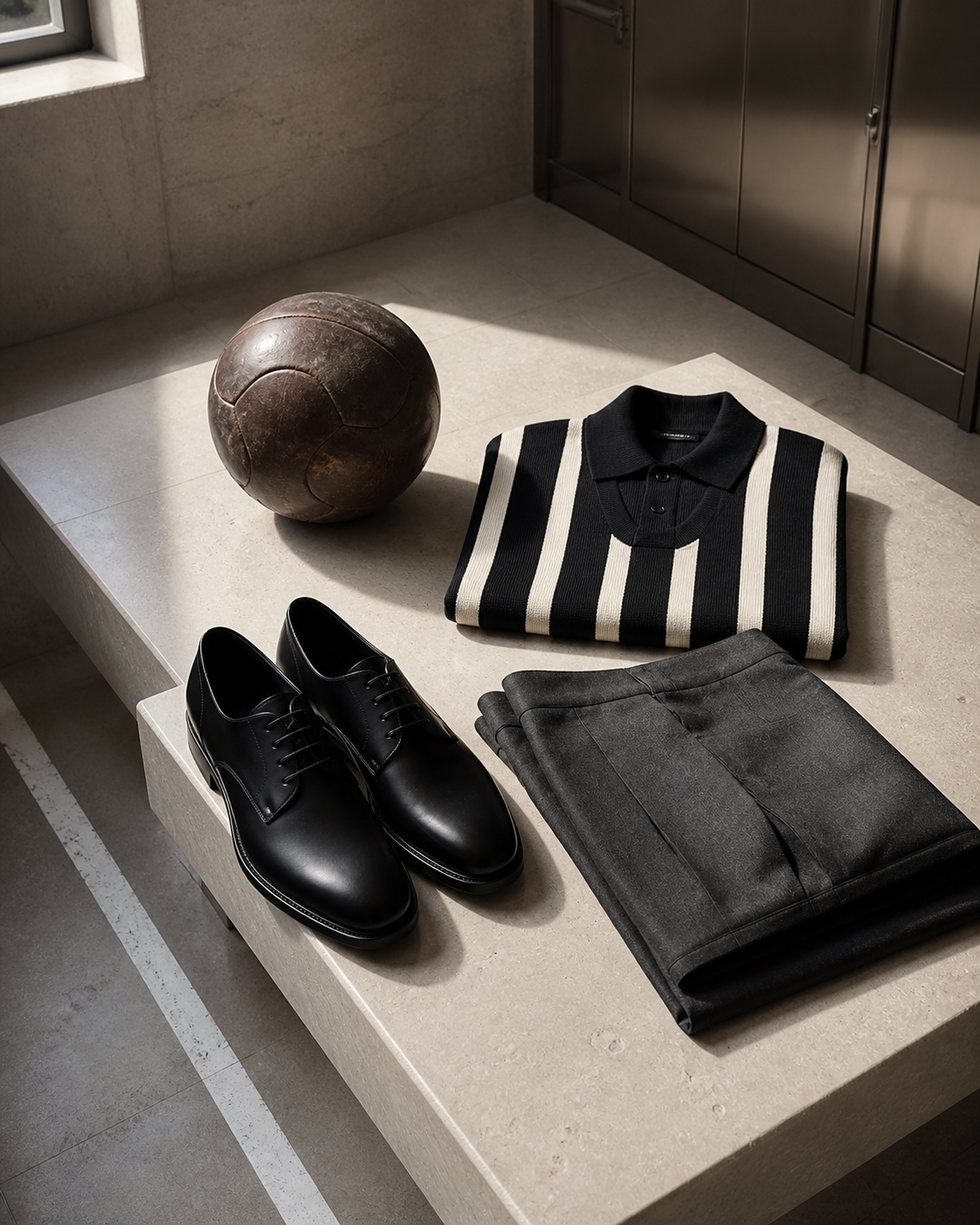 Maison de Sport still life with black Derby shoes, striped knitwear and a leather football.