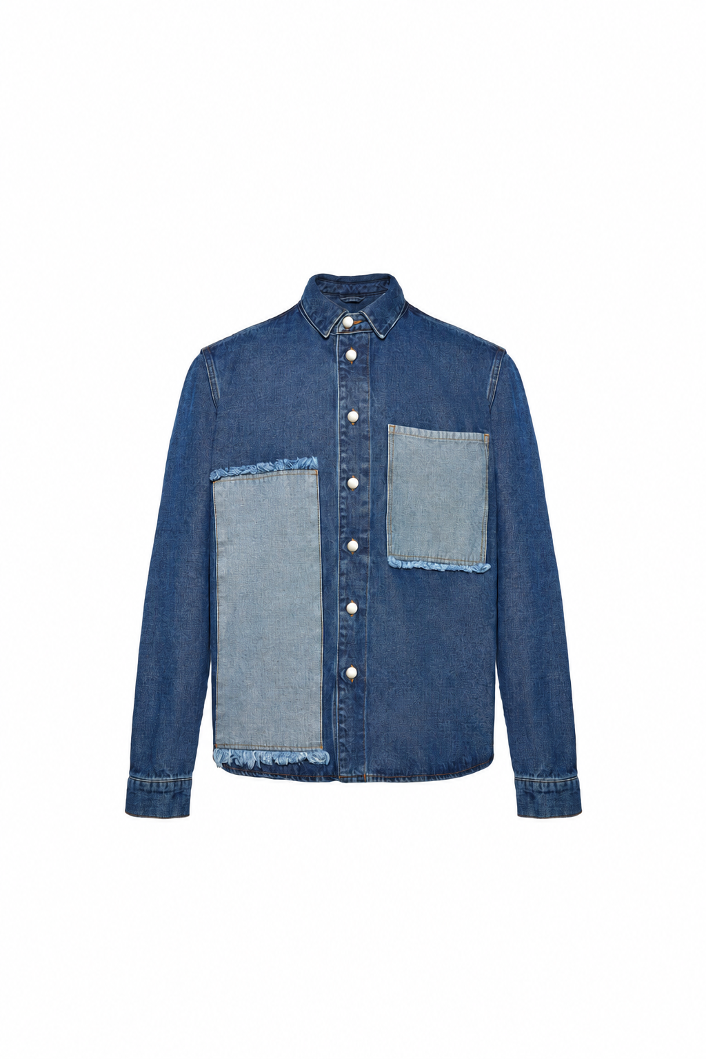 Patchwork denim shirt — single product view on the Maison studio background.