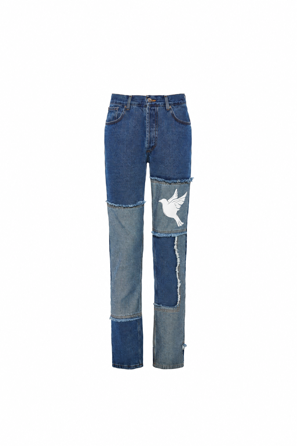Patchwork denim trousers — single product view on the Maison studio background.