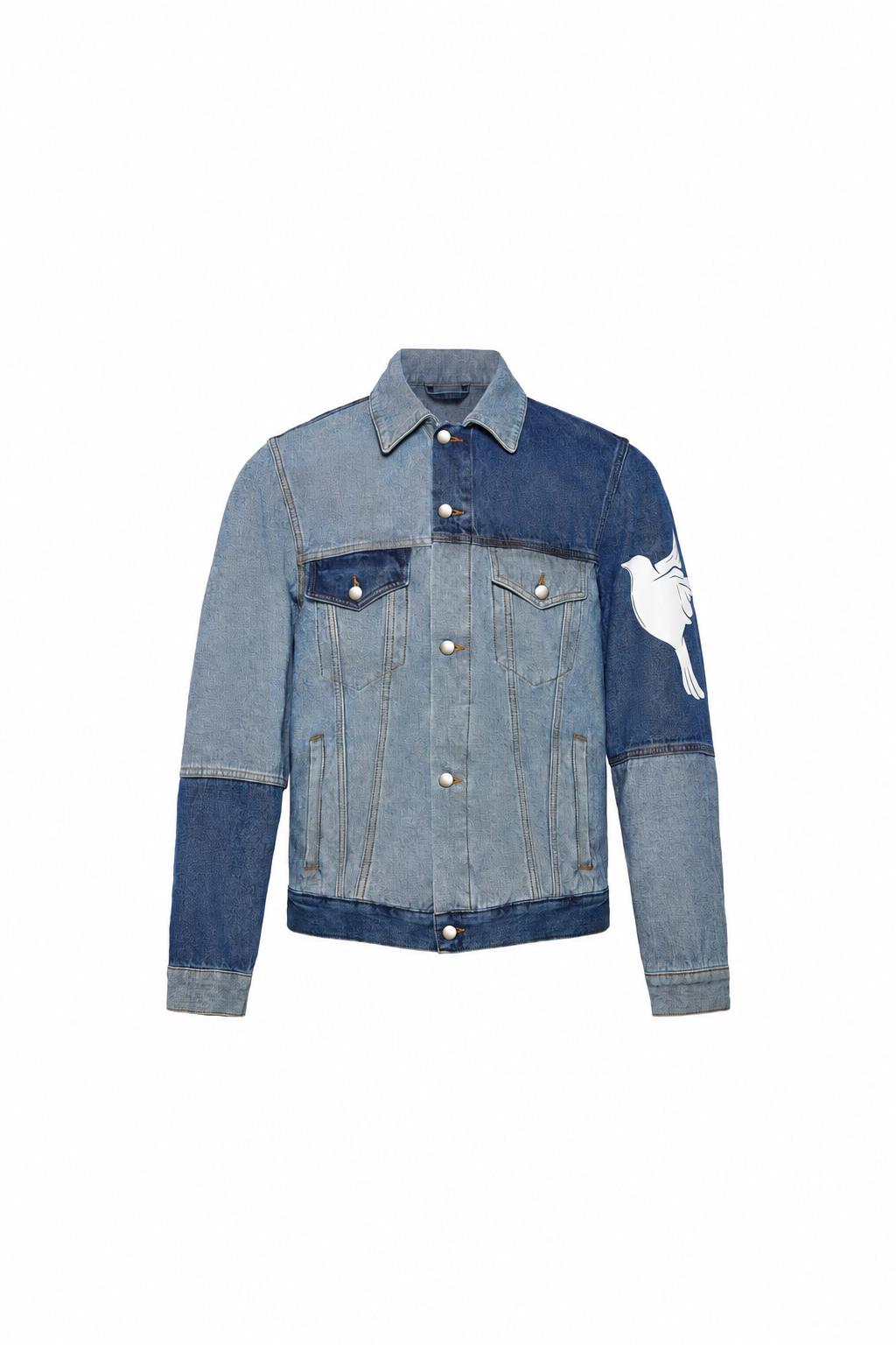 Two-tone denim jacket — single product view on the Maison studio background.