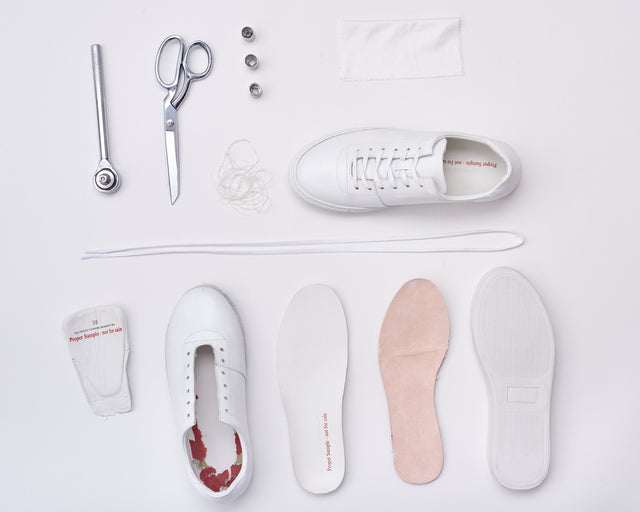 Sample archive — upper, sole components, laces and tools.