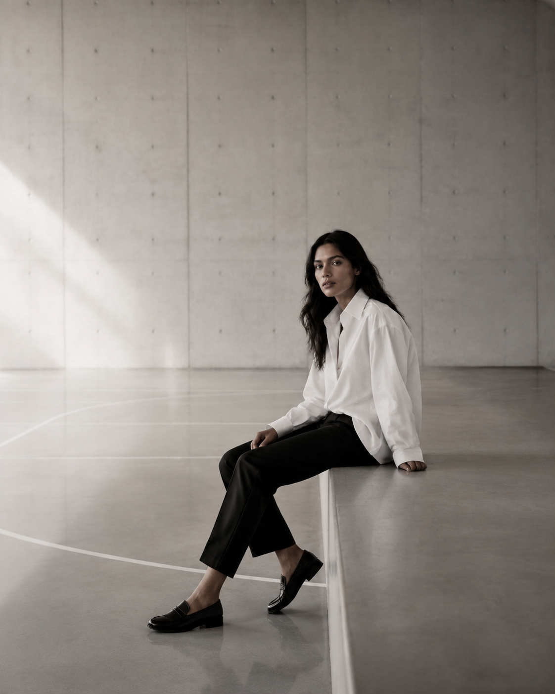 Full-length portrait of a seated woman in white shirting and black tailored trousers.
