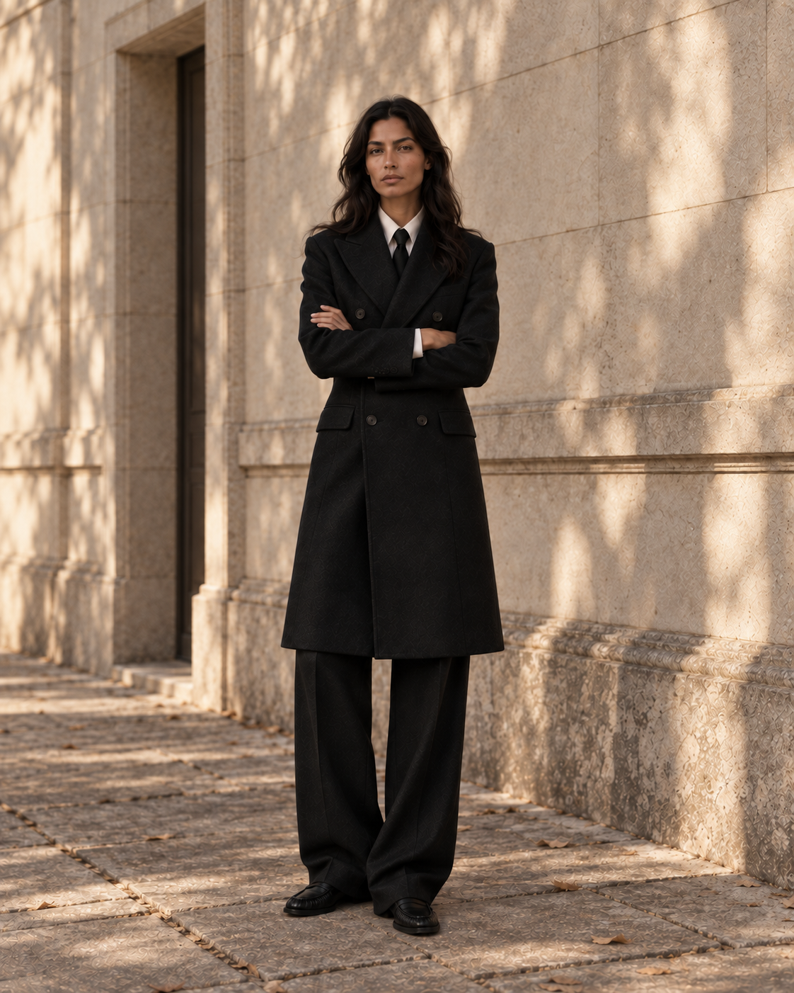 The Fall / Winter woman, arms crossed in a tailored black coat.