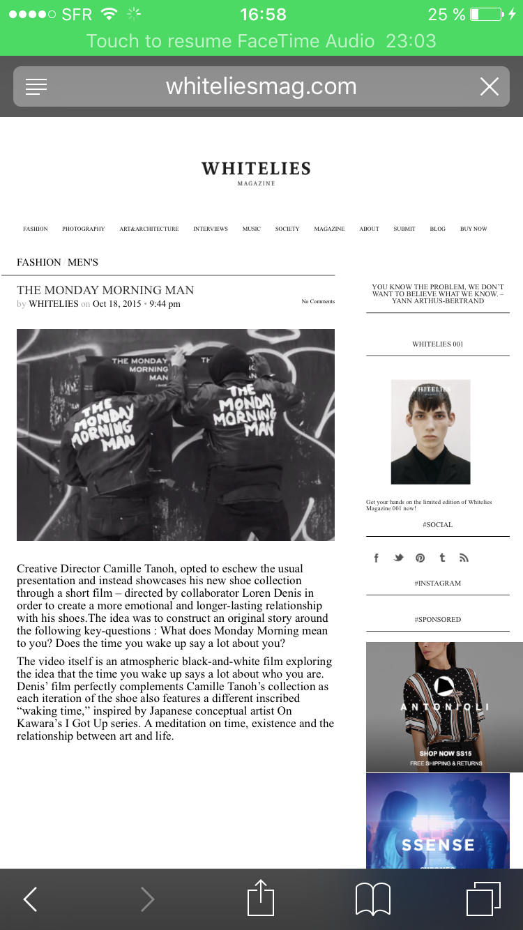 Capture mobile archivée de l’article Whitelies The Monday Morning Man, daté du 18 octobre 2015.
